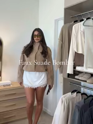 Good-quality faux suede bomber jacket = your new fall staple 🤎 Warm, stylish, and easy to layer with everything. #FauxSuedeJacket #BomberJacket #FallFashion #FallOutfits #FashionTok 