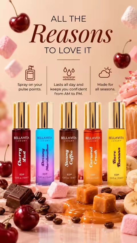 💗 From sweet and playful to warm, rich and addictive… which one are you reaching for first? Cherry Lust • Bare Banana • Steamy Caffè • Caramel Crush • Dreamy Marshmallow #PerfumeTok #FragranceTok #PerfumeFinds #TikTokShopFinds #BellaVitaLuxury 