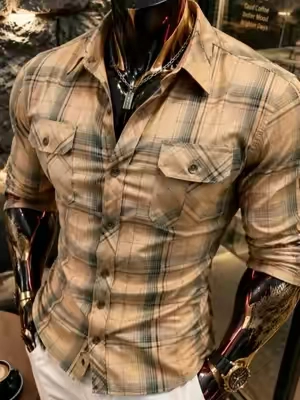 Men’s Turn-Down Collar Plaid Long-Sleeve Casual Shirt - Button-Front, Breathable Fabric, Suitable for Spring-Autumn Everyday Wear, Commuting#tiktokshopmemorialday #DealsforYouDays #mensfashion #fashion #OOTD 