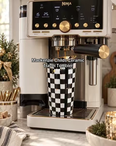 MacKenzie Childs Ceramic Travel Tumbler is one of those pieces that makes your morning coffee feel extra cute. The check print, gold lid, and ceramic finish are so chic for fall, car coffee runs, and holiday kitchen decor. #MacKenzieChilds #CeramicTravelTumbler #CoffeeTumbler #fallcoffee #holidaykitchen 