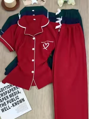 Why are cute pajamas always the ones I want to wear all day? 🥹 The little heart embroidery makes this set even sweeter.❤️ #PajamaS  #Loungewear #CozyStyle #spotlightfinds  #sleepwear 