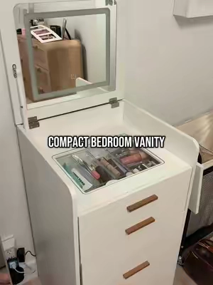 I love how much this little vanity packs into such a small footprint 😍 The flip-top lighted mirror, drawers, hidden storage, and matching stool make it perfect for a bedroom or any small space. #vanitydesk #makeupvanity #smallspacefinds #bedroomdecor #organizationfinds  
