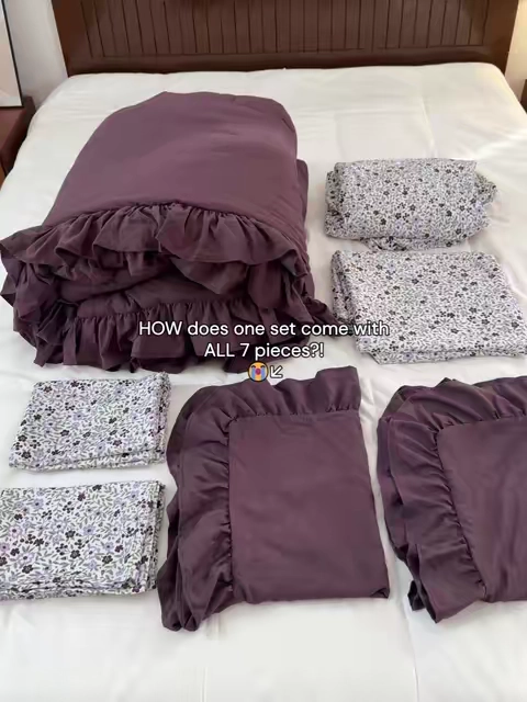 A complete dark purple bed refresh in one 7-piece set?! 💜🌙 Tiny florals, dreamy ruffles and built-in bedside storage for the book, snacks, remote, glasses and phone—everything already goes together 😍👏 #darkpurplebedding #7piececomforterset #moodybedroom #rufflebedding #fallbedding 