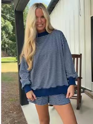 The cutest mockneck sweatershirt for fall AND 95 cotton?! Obsessed with the stripes and love that this one is a shorts set! #tiktokshopstockup #tiktokshopcreatorpicks #fallootd #fallset #mocknecksweatshirt 