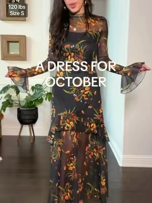 Gothic glam meets romantic fall vibes 🖤🍂 This floral mesh maxi dress has the prettiest ruffle details, a figure-flattering silhouette, and major Practical Magic energy. Perfect for fall date nights, Halloween parties, weddings, or whenever you want a little witchy romance. ✨ #FallDress #GothicGlam #HalloweenDress #FloralMaxiDress #romanticdress 