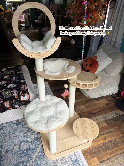 The prettiest wooden cat tree from @HappyandPolly US #cattree #woodencattree #tiktokshopcreatorpicks 