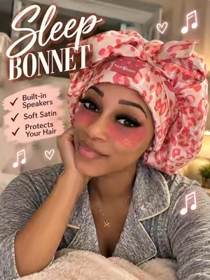 This bonnet is doing more than protecting my hair while I sleep 💕 The built-in Bluetooth speakers let me listen to music, podcasts, or whatever helps me wind down—without sleeping in uncomfortable earbuds. Plus, it’s satin, adjustable, and actually cute enough that I don’t mind walking around the house in it. Self-care and hair care in one? I’m here for it. 🎶💤💗 #SleepBonnet #HairCareRoutine #SelfCareFinds #TikTokShopFinds #BeautyMustHaves