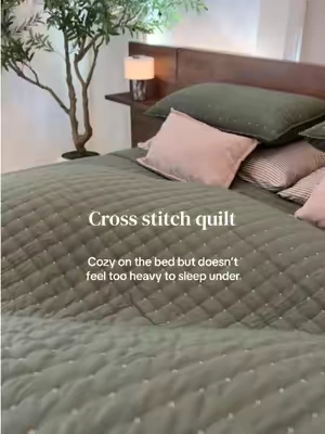 I love an oversized comforter so this is a Cali king on a king bed. Cozy quilted look with a lighter feel 🤍 #CrossStitchQuilt #LightweightQuilt #WDCozy #Bedding #BedroomRefresh