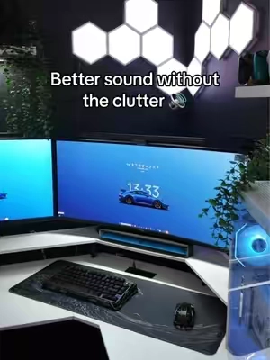 A lot of speakers are big and bulky. This is sleek and modern. ##giftideasforhim##speakers##soundbar##aesthetic##desksetup